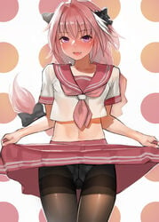 astolfo_(fate) bulge crossdressing fate/apocrypha fate/grand_order fate_(series) male male_only pantyhose penis pink_hair seifuku solo tights trap yomu_(sgt_epper)