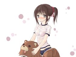 1girls bear_costume bike_shorts blush breasts breath brown_hair cameltoe cosplay female female_only grey_eyes kuma long_hair midriff nipples original pedobear ponytail see-through solo source_request sweat tied_hair wet