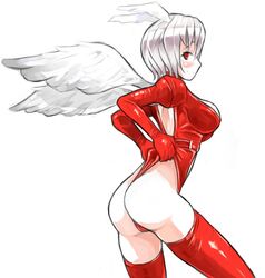 albino altima ass blush bodysuit breasts cleavage female female_only final_fantasy final_fantasy_tactics final_fantasy_tactics_(original) head_wings headwings highleg highleg_leotard large_breasts leotard panties red_eyes red_legwear shiny shiny_clothes short_hair silver_hair solo thighhighs thong thong_leotard ultima_(fft) underwear white_hair wings