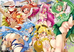 blush censored clothing hino_akane hoshizora_miyuki itachou kakiko metabocafe_offensive_smell_uproar midorikawa_nao pretty_cure reika_aoki shorts small_breasts smile_precure torn_clothes translation_request yayoi_kise