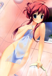 absurdres bath bathroom blue_eyes blush breasts covering female highres ichapuri! itou_life large_breasts long_hair navel nipples nude red_hair solo tenjouin_yuzuna towel water wet