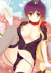 1girls areolae black_legwear black_panties breasts cpu_(hexivision) curvy erect_nipples female female_only fishnet_legwear fishnets flight_attendant gradient gradient_hair hijiri_byakuren large_breasts multicolored_hair nipples no_bra no_pants open_clothes open_shirt panties panty_pull partially_visible_vulva see-through see-through_panties shirt skirt skirt_lift smile stained_panties stewardess string_panties teasing thighhighs ticket touhou two_tone_hair underwear wet_clothes wet_panties