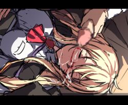 1boy aurora_hard blonde_hair breasts capelet censored closed_eyes cum cum_on_glasses cum_on_hair facial female glasses kanpani_girls long_hair lying mosaic_censoring nagioka_(sblack) neckerchief sblack semi-rimless_glasses sketch