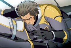 2boys bara blush brown_hair bulge crank_zent crotch facial_hair gloves gundam hand_on_head male male_focus male_only multiple_boys yaoi