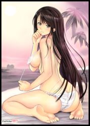 artist_name ass bare_back bare_legs barefoot bikini black_border blush border breasts brown_eyes brown_hair erect_nipples feet female full_body hand_on_own_cheek horizon leon-hearts light_smile looking_at_viewer nipples ocean original palm_tree sideboob sitting soles strap_pull sunset swimsuit teasing toes tree underboob untied untied_bikini white_bikini white_swimsuit