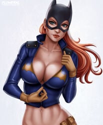 1girls auburn_hair barbara_gordon batgirl batman_(series) belly belt big_breasts blue_eyes breasts busty cleavage covered_breasts cowl dc dc_comics eyeliner female female_only flowerxl gloves huge_breasts jacket large_breasts lipstick long_hair mascara mask navel pinup red_hair redhead solo unzipped unzipping voluptuous