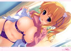 :d absurdres blonde_hair blush bow bow_bra bra bra_pull breasts clothes_lift cowboy_shot dutch_angle female highres houkago_eroge-bu! huge_filesize indoors itou_life kisshouin_yanagi lace lace_bra lace_panties large_breasts looking_at_viewer nipples open_mouth panties parted_lips purple_bra purple_eyes purple_panties ribbed_sweater shirt_lift side_ponytail smile standing sweater sweater_lift underwear