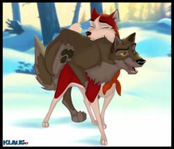 all_fours anthro balls balto balto_(character) balto_(film) canine doggy_style duo female feral feral_on_feral from_behind_position husky jenna jenna_(balto) klaus_doberman looking_pleasured male mammal outside paws sex snow straight wolf