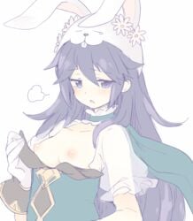 animal_ears areolae black_hair blue_eyes blue_hair blush breasts breasts_out bunny_ears bunnysuit crying female fire_emblem fire_emblem_awakening fire_emblem_heroes gloves long_hair lucina_(fire_emblem) lucina_(spring)_(fire_emblem) nipples open_mouth simple_background sleeves small_breasts solo teu_(navy) white_gloves