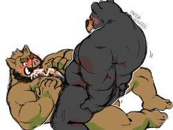 anal anal_sex bear black_bear blush boar cowgirl_position cum cum_in_mouth cum_inside male_only mammal megawaffle_(artist) megawaffle_(character) moob_job moobs muscular on_top penetration porcine sex simple_background slightly_chubby white_background