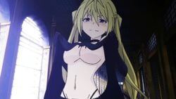 animated blonde_hair blush breasts cleavage female gloves large_breasts lieselotte_sherlock long_hair navel purple_eyes screencap shirt_lift solo teasing tied_hair trinity_seven twintails underboob