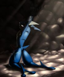 2017 amphibian blue_skin english_text greninja hi_res inside kivwolf kneeling male male_only nintendo nude penis pokemon pokemon_(species) raised_arm signature solo text video_games yellow_skin