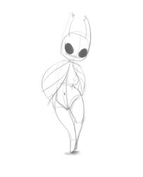 areola blush breasts cloak clothing empty_eyes female hollow_knight horn monochrome mrdoccon protagonist_(hollow_knight) pussy simple_background sketch white_background