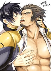 2boys abs age_difference bara blush brown_hair crank_zent facial_hair gay gundam kissing licking male male_focus male_only multiple_boys muscle nipples pecs sweat tongue tongue_out undressing yaoi