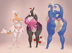 2017 3girls absurd_res alternate_color ampharos antennae anthro anthrofied areola ass aurorus barefoot big_breasts big_butt black_fur blue_skin bottomless breasts brown_background clothed clothing corset dinosaur dragon fan_character female fur furry garter_straps goodra group hair hand_on_ass hi_res horn huge_ass huge_breasts huge_butt ipan legwear lingerie long_hair looking_at_viewer mega_ampharos mega_evolution naughty_face nintendo nipples original_character pink_nipples pokemon pokemon_(species) pokemon_gsc pokemon_xy pokemorph presenting presenting_hindquarters pussy raised_tail sauropod seductive seductive_smile see-through sideboob simple_background slightly_chubby smile standing thick_thighs tight_clothing topless uncensored video_games voluptuous white_fur white_hair white_skin wide_hips