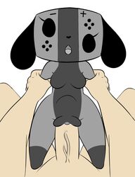 animate_inanimate anthro black_nose breasts canine female human looking_at_viewer male mammal mutee nintendo nintendo_switch nude open_mouth penetration penis pussy sex simple_background size_difference straight switch_dog vaginal_penetration video_games white_background