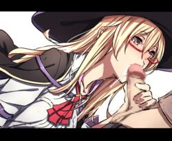 1boy aurora_hard blonde_hair blush capelet censored cum cum_in_pussy cum_string dutch_angle eyelashes fellatio female hat kanpani_girls mosaic_censoring nagioka_(sblack) oral sblack testicles witch_hat yellow_eyes