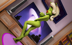 1girls 3d alien alien_girl artist_name back_view bare_shoulders barefoot beauty_mark big_breasts book busty butt_crack closed_eyes covering covering_breast covering_pussy curvy detailed_background eyelashes female female_only green_skin hourglass_figure humanoid indoors inside kondaspeter lipstick makeup marilyn_(planet_51) midriff mole naked nude planet_51 pose posing red_lipstick room shadow shiny shiny_skin solo standing thick_lips voluptuous white_hair wide_hips