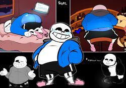 ass ass_up bone clothed clothing detailed_background english_text erection erection_under_clothing genitals heart hi_res jacket male male_only masturbation partially_clothed penis sans skeleton slightly_chubby smile solo text topless topwear torquewintress undertale video_games