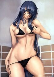 00s artbook bikini blue_eyes blue_hair eiwa fanbook female hair_over_one_eye highres ikkitousen ikkitousen_dragon_destiny kan'u_unchou matching_hair/eyes official_fanbook scan skindentation solo swimsuit teasing undressing wet wide_hips