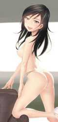 1girls alternate_hairstyle arched_back areolae ass bangs bare_shoulders black_eyes black_hair blush breasts eyebrows eyebrows_visible_through_hair female female_only hair_down hand_on_own_thigh highres idolmaster idolmaster_cinderella_girls light-skinned_female long_hair nipples no_bra open_mouth open_smile panties shoes sideboob slit_pupils small_nipples smile solo takahirokun thong thong_panties topless trainer_(idolmaster) underwear underwear_only white_shoes white_skin