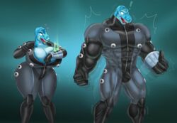 anthro big_breasts blue_skin dinosaur ftm_transformation hunk leather_suit malfunction muscular_male no_humans penis_bulge raptor rule_63 saturnxart simple_background tight_clothing