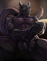 2016 abs anthro balls belly biceps big_balls big_biceps big_penis big_tail black_balls black_penis black_skin black_tail claws clenched_teeth cum dragon front_view glowing glowing_eyes grin grope hand_on_penis horn huge_cock humanoid_penis long_tail looking_at_viewer male male_only masturbation medallion muscular muscular_male nude pecs penis pose rakisha raventhan scalie sharp_teeth simple_background sitting smile snout solo spiked_tail spikes spread_legs spreading teeth thick_penis thick_thighs two-handed_masturbation uncut