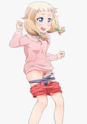 aqua_eyes between_legs between_thighs blonde_hair blue_eyes blush clothing female hair_bobbles hair_ornament hayyan hoodie long_hair looking_to_the_side low_twintails new_game! open_mouth panties panty_pull polka_dot polka_dot_panties pubic_hair pussy remote_control sakura_nene short_twintails shorts shorts_pull simple_background smile solo standing sweat tied_hair twintails uncensored video_game_controller white_background