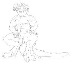 anthro balls dinosaur flaccid humanoid_penis jaysee male male_only monochrome muscular nude penis solo spread_legs spreading uncut