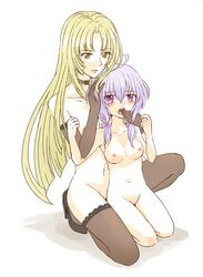 blonde_hair fine_(symphogear) nude senki_zesshou_symphogear shaved_pussy white_hair yukine_chris yuri