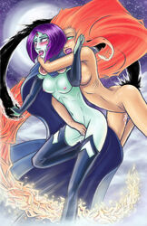 2girls ass belly blush boots breasts cloak dc dc_comics demon demon_girl elbow_gloves female female_only fingerless_gloves fire gloves green_eyes grey_skin hips koriand'r large_breasts legs legwear long_hair multiple_girls navel nipples orange_hair orange_skin purple_eyes purple_hair rachel_roth raven_(dc) shoes short_hair sideboob starfire straight_hair teamzoth teen_titans thigh_boots thighs tongue tongue_out very_long_hair yuri