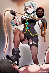 1boy 2d ai_art ai_assisted ai_generated anime_style black_dress black_high_heels black_lace blue_eyes blue_gemstones blush boot_domination boot_fetish boot_on_face boot_worship boots cleavage degradation detailed_background dirty_talk dominant_female earrings english_text face_stepping feet female femdom foot_fetish foot_lick formal_dress from_above garter_belt grey_hair gyakuten_saiban high_angle high_heels highres holding_whip humiliation karuma_mei large_breasts looking_down lying_on_back male_submissive namiemoon nude_male riding_crop sadistic_female short_hair smiling smug speech_bubble stockings submissive_male sweat sweatdrop teasing thighhighs trampling verbal_humiliation whip white_bow