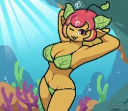 1girl 1girls ;3 arms_behind_head big_breasts bikini breasts busty busty_female female female_only happy leaf leaf_bikini leaves mango oc ocean okami_tomato orange_body orange_eyes orange_skin original original_character pinup red_eyes red_hair thighs underwater water watermark yellow_hair zestymangoart