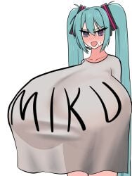 1girl :d _ alternate_breast_size aqua_hair arms_behind_back big_breasts blush breasts character_name clothes_writing embarrassed full-face_blush gigantic_breasts hatsune_miku headset hyper hyper_breasts long_hair looking_at_viewer open_mouth print_shirt see-through see-through_clothing shirt simple_background solo stray_oekaki swirly_eyes triangle_mouth twintails very_long_hair vocaloid white_background white_shirt