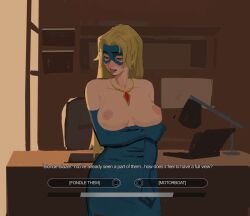 1girls amugea big_breasts blonde blonde_blazer boobs boobs_out breasts breasts_out computer desk dispatch_(game) female gameplay_mechanics indoors tagme