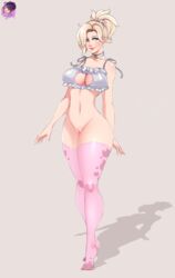 1girls artist_name barefoot blizzard_entertainment blonde_hair blue_eyes breasts cat_bra cat_keyhole_bra cleavage cleavage_cutout feet female female_only full-length_portrait full_length human large_breasts law-zilla legwear long_hair mercy navel overwatch pink_legwear ponytail pussy simple_background solo standing thighhighs tied_hair toes