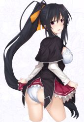 akeno_himejima ass billion_(billion0103) black_capelet black_hair bra breasts capelet clothes_lift commentary_request cowboy_shot cropped_legs female floral_background flower_pattern from_behind hair_ribbon hair_up high_ponytail high_school_dxd himejima_akeno kuoh_academy_school_uniform large_breasts leaning_forward light_blush long_hair long_sleeves looking_back open_clothes open_mouth panties ponytail purple_hair ribbon school_uniform skirt skirt_lift smile solo underwear very_long_hair white_bra white_hair white_panties
