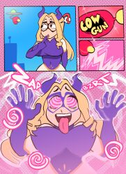 black_eyes blonde_hair bonitororo comic cow_girl cowification electricity esp_(bonitororo) eye_roll female_only femsub finger_to_mouth giantess gun horns hypnosis hypnotic_gun leotard long_hair mask mind_control mount_lady my_hero_academia open_mouth pink_eyes ring_eyes sequence spiral_eyes standing super_hero tech_control text tongue tongue_out transformation ufo yu_takeyama