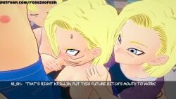 1boy 3d 3girls age_difference alternate_hairstyle android_18 angry blonde_female blonde_hair blowjob blue_eyes brat breasts_out bullying canon_couple clone coaching cooperative_fellatio cum dragon_ball dragon_ball_super dragon_ball_z floating flying half-dressed hand_on_penis humiliation husband_and_wife koikatsu krillin kuririn oral penis roseza size_difference small_breasts sound straight tagme tank_top tears teenager thong video