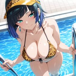 ai_generated bare_thighs bikini black_hair blush cheetah_print cyan_eyes genshin_impact gigantic_breasts huge_breasts huge_thighs light-skinned_female light_skin looking_at_viewer lunarmochi massive_breasts multicolored_hair pool poolside short_hair smiling solo_female squatting sweat sweatdrop thick_body thick_female thick_thighs thighs voluptuous voluptuous_female yelan_(genshin_impact)