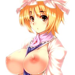 between_breasts blonde_hair breasts brown_eyes clothes_between_breasts female hat horny large_breasts nipples ran_yakumo short_hair solo touhou tro