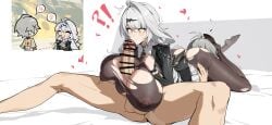 !? 1boy 69 ^^^ absurdres ahoge anger_vein ass back-seamed_legwear bar_censor black_dress blue_flower blue_rose blush bodystocking boutonniere breasts brown_pantyhose censored chibi chinese_clothes clothed_female_nude_male cock_shock commentary_request covered_nipples dress female flower grey_hair hair_ornament hairpin heart highres large_breasts large_penis long_hair looking_at_penis momo_sam no_shoes nude official_alternate_costume on_bed out_of_character paizuri pantyhose parted_lips penis penis_awe rose seamed_legwear short_hair single_hair_intake spoken_anger_vein straight testicles torn_bodystocking torn_clothes torn_pantyhose twitching veins veiny_penis wise_(soaring_crane)_(zenless_zone_zero) wise_(zenless_zone_zero) yellow_eyes yixuan_(trails_of_ink)_(zenless_zone_zero) yixuan_(zenless_zone_zero) zenless_zone_zero
