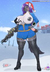 anthro big_breasts big_nipples black_clothing black_footwear black_high_heels black_legwear black_stockings blue_clothing breast_tattoo breasts christmas christmas_clothing christmas_headwear clothing darkinjection detailed_background digital_media_(artwork) fallout footwear genitals grey_body gun gynomorph hair hat headgear headwear hi_res high_heels holidays hyena intersex legwear mammal microsoft nipples nuka-cola penis pip-boy post-apocalyptic presenting presenting_breasts purple_eyes purple_hair ranged_weapon santa_hat shoes sky snow solo stockings tail tattoo vault_suit weapon white_body winter