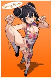 1femboy ballsack big_balls black_hair bottomless bottomless_male chastity_cage chastity_device chinese_clothes chinese_dress dialogue double_bun english english_text femboy femboy_focus femboy_only feminine feminine_male feminization fighting_stance going_commando male male_focus male_only martial_arts nail_polish nipples_outside no_panties one_leg_raised solo solo_focus solo_male tied_hair trap twink wuni