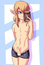 1boy androgynous armorless_link balls blonde_hair blue_eyes breath_of_the_wild cellphone erection femboy foreskin girly hylian link link_(breath_of_the_wild) loomi male male_only navel nipples penis phone pointy_ears precum self_shot selfie sheikah_boxers sheikah_slate shirtless shorts small_penis solo taking_picture testicles the_legend_of_zelda trap underwear yaoi