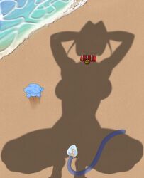 arms_behind_head beach beach_shadow_trend bell_collar bluesenshi buttplug cat_tail dog_collar dressed_shadow_(meme) hands_on_head hololive hololive_english hololive_english_-council- hololive_english_-promise- kronie_(ouro_kronii) nude ocean ouro_kronii reflection shadow squatting tail_plug virtual_youtuber
