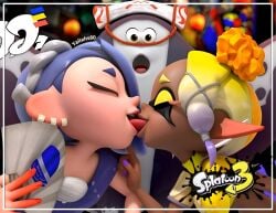 2girls 3d accesories ai_generated anthro anthro_female anthro_only anthromorph big_forehead big_man_(splatoon) blue_clothes blue_eyebrows blue_hair blush blushing_female bra brown_body bun_hair dark-skinned_female dark_skin deep_cut_(splatoon) ear_piercing earrings ears eyelashes eyelids fins forehead frye_(splatoon) frye_onaga gray_body grok grok_imagine hair_accessory hand_fan hands high in_game in_game_model inkling inkling_girl kissing lesbian_couple lesbian_focus lesbian_kiss light-skinned_female light_skin lips long_hair manta_ray mask nails nintendo nintendo_switch octoling octoling_girl open_mouth painted_fingernails pigtail pointed_ears purple_fingernails purple_fingers purple_nails rope sensual shimenawa shiver_(splatoon) shiver_hohojiro short_hair short_top singers splatoon splatoon_(series) splatoon_3 surprised surprised_expression surprised_face surprised_look tongue tongue_in_mouth tongue_out username video_game_character video_game_franchise video_games white_bra yallahs80 yellow_clothes yellow_eyebrows yellow_eyelids yellow_hair yuri