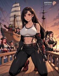 2robots 5girls abs ai_generated armpits background black_hair black_pants blush boots cannon deck dynamic_pose elbow_gloves eyeliner female female_focus female_only fingerless_gloves from_side full_body harness large_breasts lockhart long_hair multiple_girls muscular_female non-nude ocean pirate pirate_ship ponytail ponytail_hair red_eyes red_hair sharp_eyes ship ship_mast side_view smile squatting standing sunset teeth_bared tifa_lockhart white_tank_top wooden_floor yunaiai
