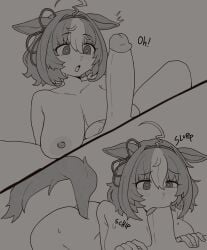 1girls ahoge big_penis blowjob blush breasts cock fellatio hair_ornament horse_ears horse_girl horse_tail light_blush meisho_doto_(umamusume) oniiyanna penis penis_awe penis_in_mouth sound_effects surprised sweat sweatdrop sweating text umamusume umamusume_pretty_derby uncensored