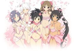 5girls aqua_eyes asuka_(senran_kagura) black_hair blush bow bra breasts brown_eyes brown_hair gray_hair happy homura_(senran_kagura) long_hair miyabi_(senran_kagura) multiple_girls navel necklace open_mouth panties pink_eyes ponytail renka_(senran_kagura) senran_kagura short_hair skirt smile tanline tied_hair tongue tongue_out v white_hair yaegashi_nan yellow_eyes yumi_(senran_kagura)